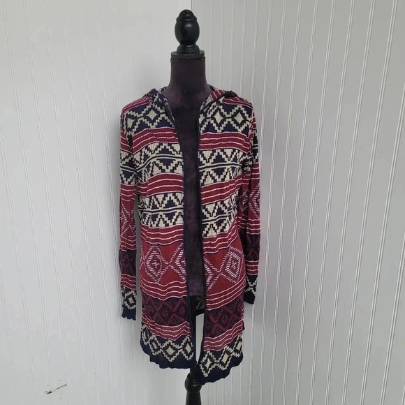 Say What? Women’s Long Sleeve Hooded Open Front Long Cardigan Aztec Boho XL - Picture 1 of 10
